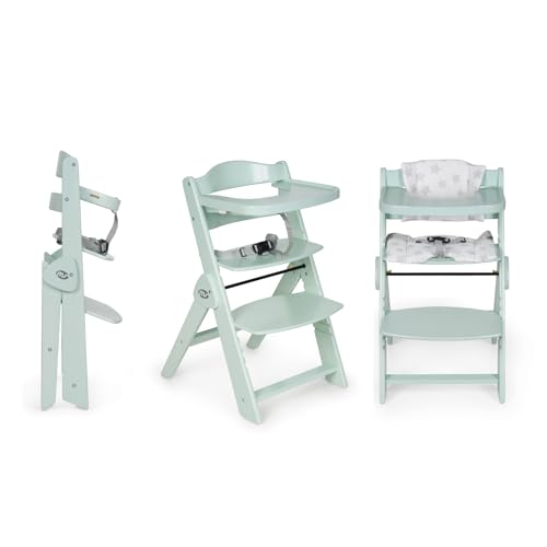 ms Trona para bebé de Madera Full PLEGABLE - Evolutiva- Silla Alta, Ergonómica, Regulable, Segura, Turquesa/Blanco