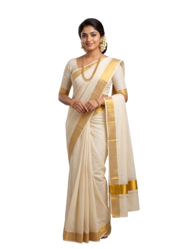 ALLUVY Kuthampully Kerala Kasavu Saree Cotton Plain 2 inch border and Zari | Kerala Saree - Off White KTM-645