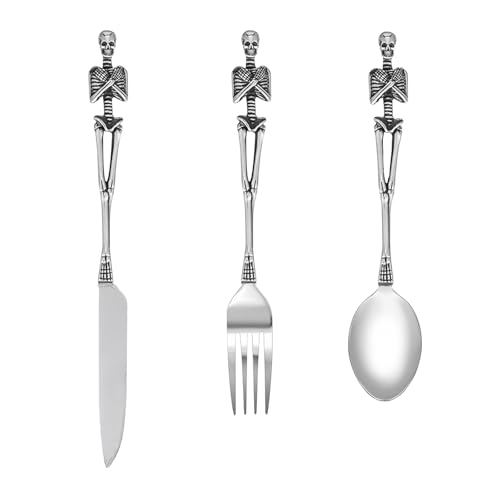 Juego de cubiertos vintage de lujo con diseño de calavera, 3 piezas de acero inoxidable con cuchillo, tenedor y cuchara, con acabado pulido, para Halloween, Pascua y Navidad.