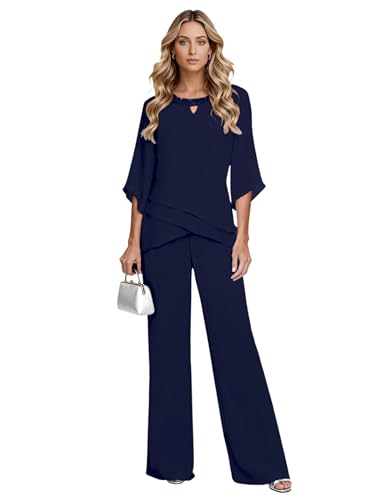 Navy Chiffon Plus Size Mother of The Bride Pant Suits for Women 2 Pieces Dressy Wedding Guest Pantsuits Sparkly Sequin Grandmother of Groom Pant Suit with Sleeves Navy 18W