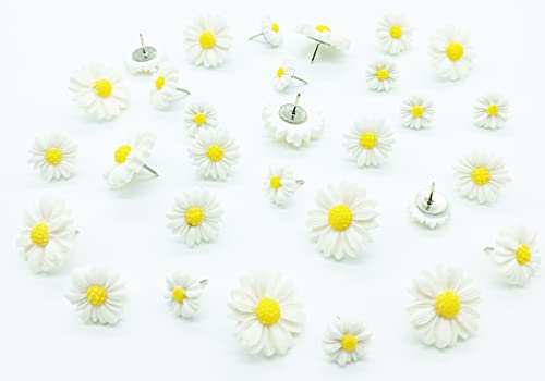 Resin Daisy Flowers Push Pins Set, 30 Pcs Flatback Decorative Daisy Thumb Tack Mini Decorated Daisies Pushpins For Cork Board Bulletin Board Photos Wall Home Office Classroom Decoration (White) #TOP5