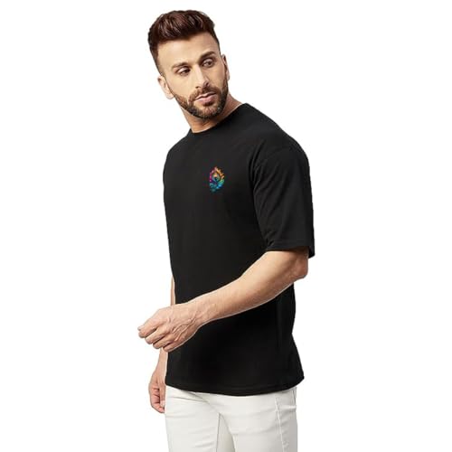 Image of prabhu bhakti Men's Oversized Peacock Feather Printed Black Cotton T-Shirts | Collection | Round Neck Drop Shoulder Half Sleeve Black Casual T-Shirt for Men