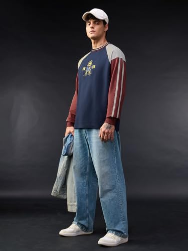 Image of The Souled Store Garfield: Cool Kitty Men and Boys Long Sleeves Round Neck Navy Blue Embroidered Casual Lightweight Drop Shoulder Streetwear Trendy Oversized Full Sleeve T-Shirts