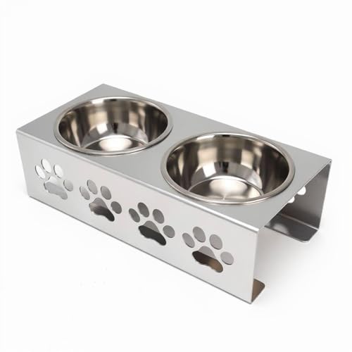Image of Metal Silver Stylish Dog Bowl Stand | 2 Stainless Steel Bowls for Raised Dogs & Cats | Elevated Dog Food Removable Bowls | Pet Feeder & Water Dispenser for All Breeds Paw Design (Set of 2, each 900ml)