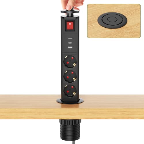 Câble de 3M, Prise de Table Rétractable 2 USB C PD 20W avec Interrupteur, Prise Encastrée Rétractable 3 Prises avec USB, Prise escamotable avec USB pour...