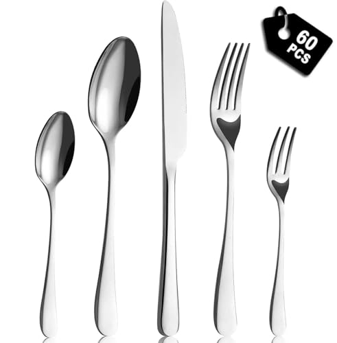 BEWOS Besteck Set für12 Personen - 60 Teilig Essbesteck Set inkl. Messer, Gabel, Löffel, Besteck Edelstahl Spiegelpoliert, Spülmaschinenfest