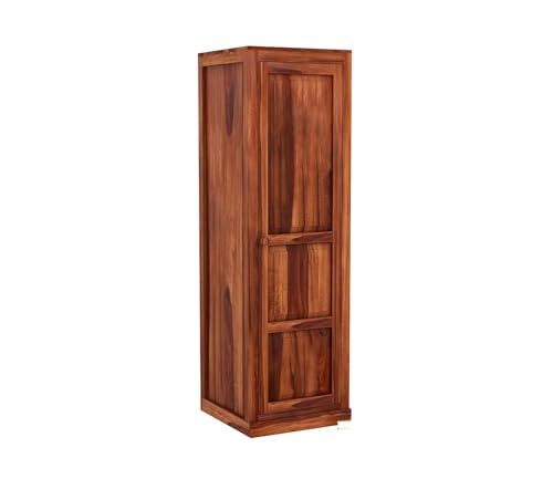 Image of Sheesham Wood Wooden Single Door Wardrobe Organizer for Clothes | - Solid Wood Almirah with 2 Drawers, 2 Shelves with Hanging Space - Cupboard for Large Bedroom, Natural Finish
