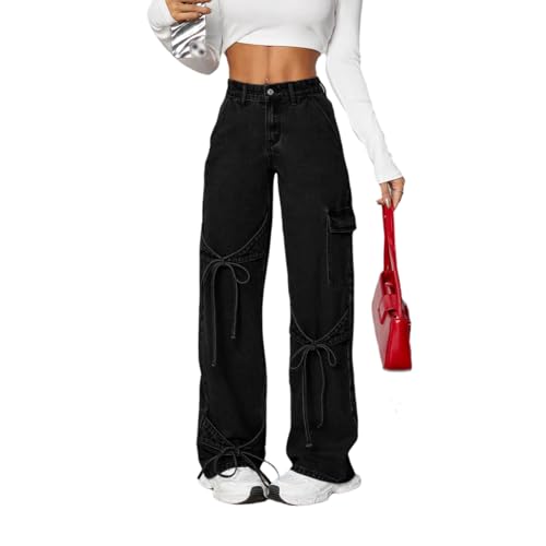 Baggy Jeans for Women Y2K Wide Straight Leg Denim Pants Mid Rise Casual Boyfriend Jeans with Bows