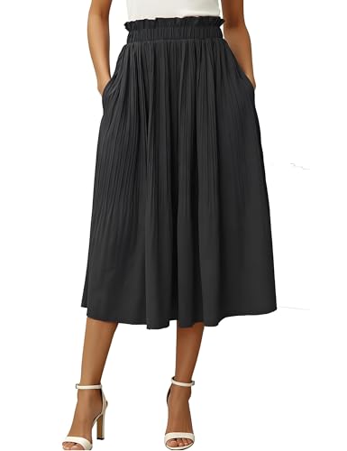 Naggoo Black Skirts for Women Casual High Elastic Waisted Pleated Swing Midi Skirt with Pockets Solid Color Large