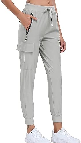Oalka Women's Cargo Hiking Pants Lightweight Travel Pockets Joggers Quick Dry Light Grey M
