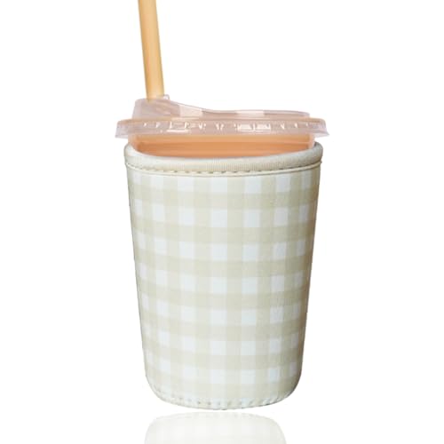 Image of Reusable Insulated Sleeve for Iced Coffee Cup, Coffee Neoprene Sleeve for Cold & Hot Drinks, Beverage Holder for Iced Coffee (Beige Gingham, Small: 16-18oz)