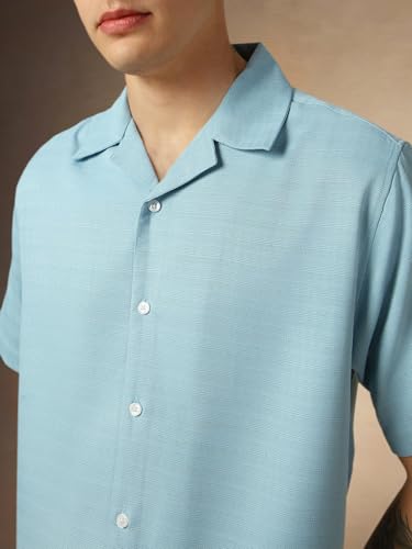 Image of Dennis Lingo Men's Half Sleeve Cuban Collar Solid Textured Relaxed Fit Casual Shirt