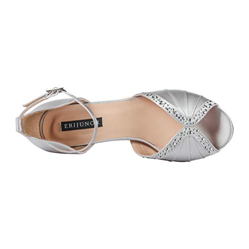 ERIJUNOR E8805C Women Comfort Low Heel Ankle Strap Rhinestones Pleat Satin Wedding Evening Dress Dance Shoes Silver Size 9 by ERIJUNOR - Used condition - Image 5
