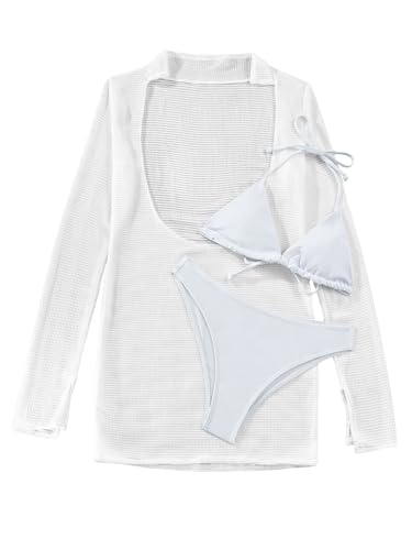 Lilosy Sexy Long Sleeve Mesh Swimsuit 3 Pieces Cover Up Bikini Set4