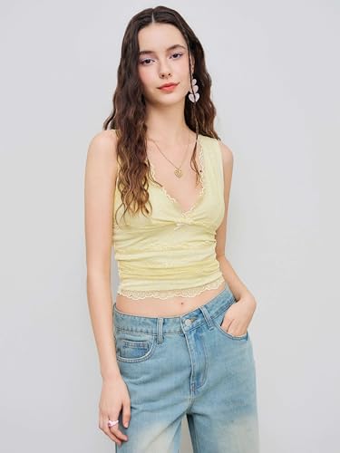 Image of CIDER Lace Crop Tank Tops for Women Going Out V Neck Sleeveless Ruched Tops Trendy Y2K Summer Outfits