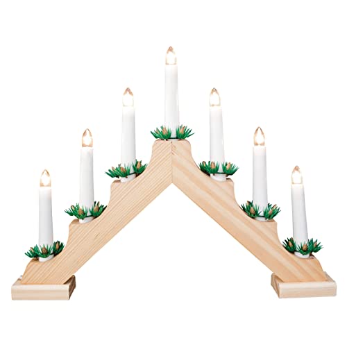 Image of Sarrah Little Store 7 LED Wooden Christmas Candle Bridge - Battery Operated - Window Decoration Arch - Indoor Warm White Light - Xmas Festive Pre-Lit - Natural/Pine