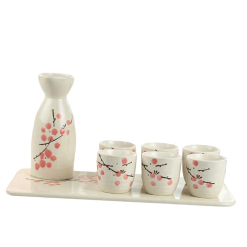 ROMISBABA 日式彩陶製酒器 壺杯盤 赤梅模様 製 温酒器付き 酒カップ 酒瓶 和風デザイン 用 家用バー向け