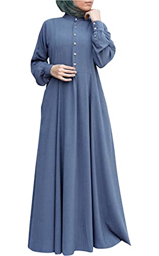 Abetteric Women's Kaftan Abayas Muslim Dress Long Sleeve Islamic Robe Button Up Maxi Dress Blue 2XL