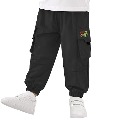 Image of Volunboy Toddler Boys Cargo Pants with Dino Embroidery - Quick-Dry Pull On Elastic Waist Joggers for Ages 2-6(Tag Size 110,3-4 Years,Black)