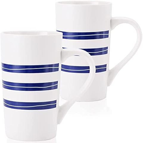 YouPeng Large Coffee Mug Set, Ceramic Mugs with Big Handle, Tall Coffee Mug for Men or Women with Blue Hand-painted Pattern, Big Coffee Mugs 18oz Dishwasher&Microwave Safe, Set of 2, White Cover