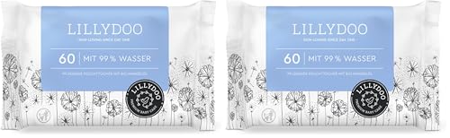 Toallitas húmedas para bebés LILLYDOO con un 99% de agua, 60 unidades, 100% libres de plástico sin perfumes y tan suave como el algodón y el agua (Paquete de 2)
