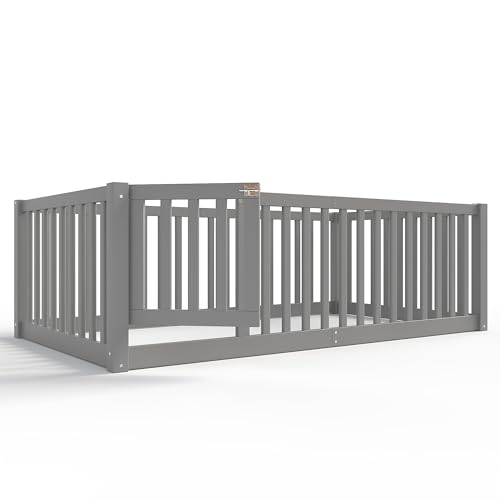 Image of Bellemave Twin Size Kids Montessori Floor Bed with Door,Solid Wood Floor Bed Frame with High Fence for Girls,Boys,Gray