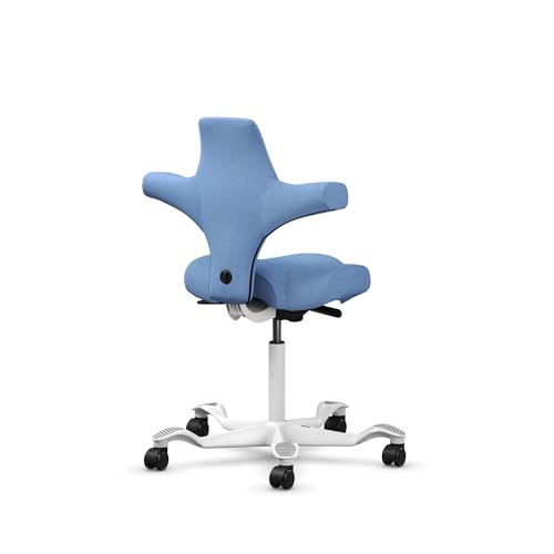 Image of HAG Capisco Sit to Stand Chair-White Frame-Upholstered Light Blue Washed