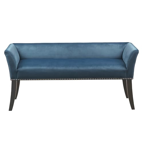 Image of Madison Park Accent Bench, Upholstered with Nailhead Trim, & Padded Seat Entryway Bench Small, End of Bed Bench with Back, 49.5 inch W x 19.25 inch D x 23 inch H, Blue