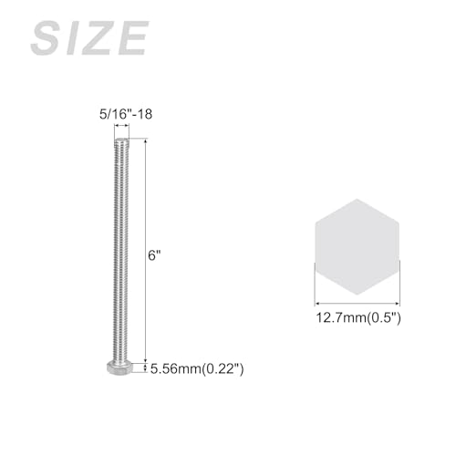 Image of METALLIXITY Hex Head Bolts (5 /16-18 x 6 inch) 6Pcs, 304 Stainless Steel 18-8, Fully Threaded, External Hex Drive, Plain Finish, Hex Head Screw Bolt, Silver