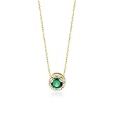 PAENENPH 14K Gold Natural Gemstone Necklace For Women, Round Bezel Moissanite Pendant Necklace, Gift For Her (Emerald, 14K)