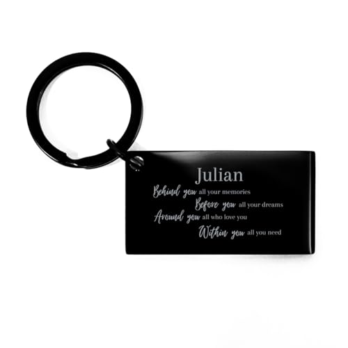 Custom Personalized Engraved Black Keychain Gifts for Julian's Graduation or Birthday: Keepsake Keyring for Julian featuring Inspirational Quote Behind you all your memories Before you all your