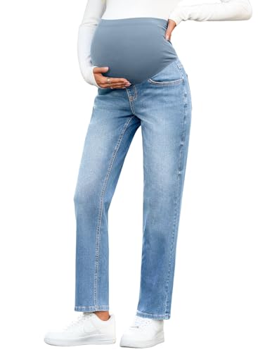 BLENCOT Women's Maternity Jeans Over Belly Loose Fit Stretch Straight Leg Pregnancy Denim Work Pants