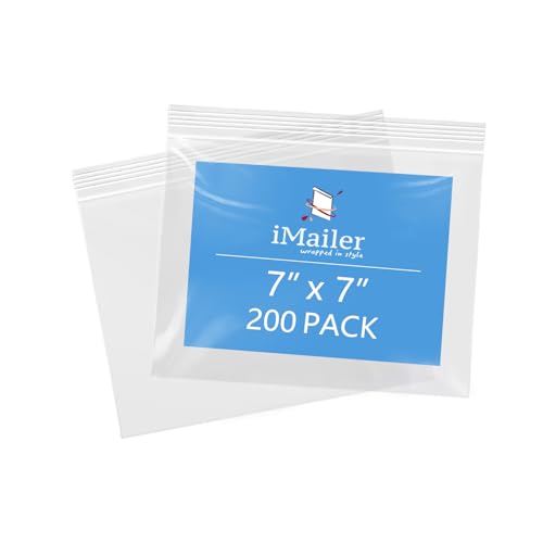 iMailer- 7" x 7" 200 Pack- 2 Mil Resealable Zip Bags- Clear Plastic Bags with Zip Top Lock for Storage, Organizing, Crafts, Travel