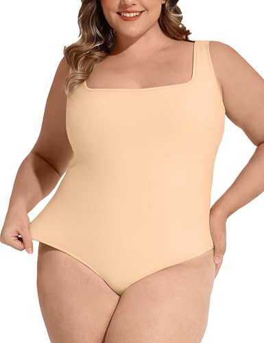Image of FOREYOND Plus Size Bodysuits for Women Short Sleeves Square Neck Body Suit Tops Casual Basic Slim Fit Shirts Leotards