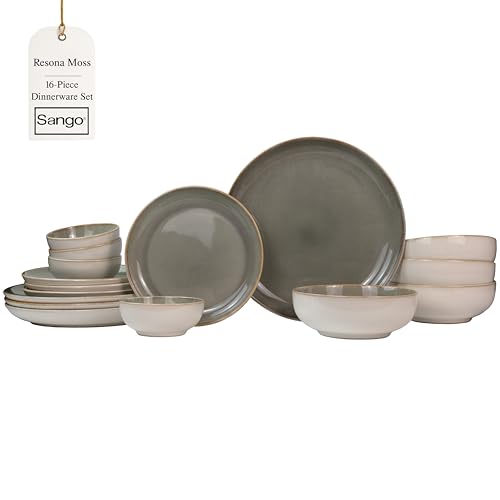Sango 16-Piece Stoneware Dinnerware Set for 4, Glossy Cream/Green Plates and Bowls Sets with Reactive Glaze, Ceramic Dish Set, Modern Dishes for Everyday Use, Microwave & Dishwasher Safe, Resona Moss Sango 16-Piece Stoneware Dinnerware Set for 4, Glossy Cream/Green Plates and Bowls Sets with Reactive Glaze, Ceramic Dish Set, Modern Dishes for Everyday Use, Microwave & Dishwasher Safe, Resona Moss