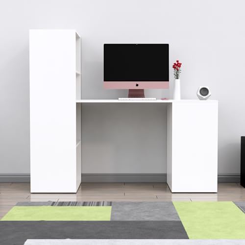 Image of Bniture Wooden Study Table for Home | Engineered Wood Study Table with Book Shelf | Multi Purpose Computer Desk for Writing & Study | Laptop Table for Study Room, Office & Workstation, Frosty White