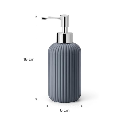 Image of LAGET 300ml Soap Dispenser for Wash Basin -Ribbed Design | Kitchen and Bathroom Accessories Items | Liquid Handwash Dispenser Bottle Chrome Finsih Top- Set of 2 (Metallic Blue and Grey)