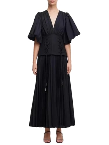 Vestido casual con cuello en V para mujer con mangas farol y cintura alta, color liso, Negro, L