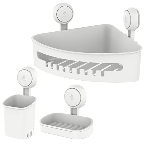 Leverloc Corner Shower Caddy Suction Cup Set Shower Shelf Basket & Toothbrush Holder & Soap Dish One Second Installation No-Drilling Removable Powerful Waterproof Shower Organizer - Pack Of 3, White #TOP14