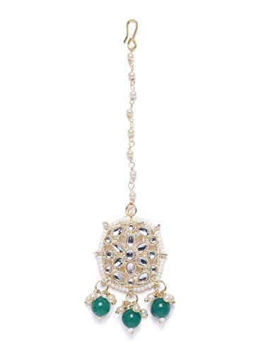 Image of ZAVERI PEARLS Gold Tone Kundan & Green Beads Wedding Collection Choker Necklace Earring & Maangtikka Set For Women-ZPFK10207