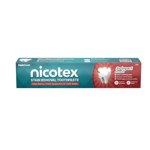 Cipla Nicotex Stain Removal Toothpaste | Teeth Whitening, Plaque Removal, Protection Against Decay And Cavities | Papain, Bromelain, Neem Extract, Meswak Extract | With Fluoride | Sls Free | 100G