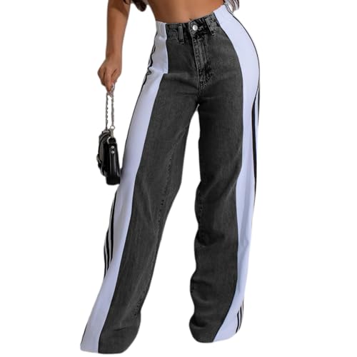 Conshvi Women's Wide Leg Jeans Striped Patchwork High Waisted Stretch