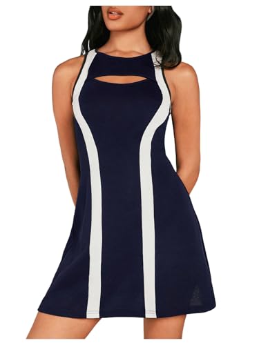 SweatyRocks Women's Cut Out Tennis Dresses Colorblock Crew Neck Sleeveless Crewneck Golf Mini Dress Blue Large