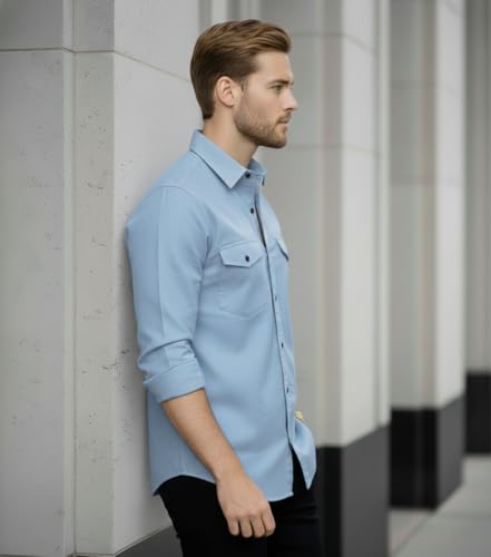 Image of DEELMO Men's Classic Cotton Blend Slim Fit Shirt || Full Sleeve Button-Down Casual Shirt with Dual Flap Pockets || Soft Breathable Fabric || Ideal for Office Party and Everyday Wear