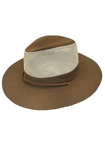 Image of Men's Flat Wide Brim Mesh Safari Outdoor Hat Panama Hat Travel Fishing Hiking with Windproof
