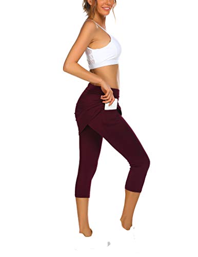 Coorun Women Running Leggings With Skirted Solid Capris Yoga Leggings Athletic Skort For Golf Tennis Wine Red #TOP3
