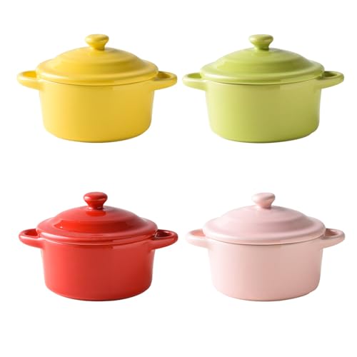 Ramekins Set with Lids of 4, 200ml Porcelain Soufflé Dishes for Creme Brulee & Muffin, Baking Dishes for Pudding & Ice Cream, Mini Bowl for Dips, Sauces, Snacks and Fruits(Colored)