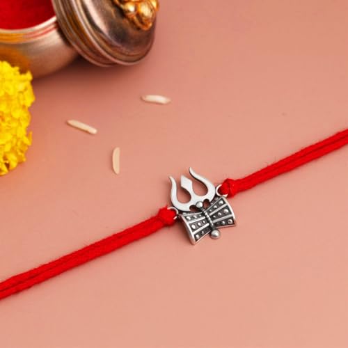 Image of KuberBox 925 Sterling Silver Trishul-Damru Silver Rakhi For Brother