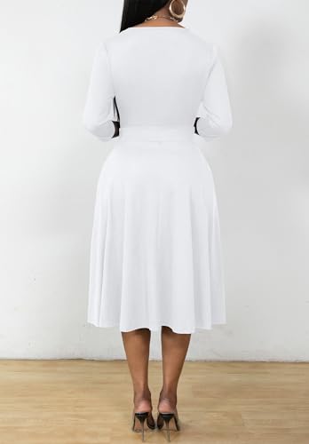 Nmoder Wrap Dress Cocktail Casual Dresses for Women Wedding Guest Fit and Flare V Neck 3/4 Sleeve Midi Dress with Pockets4