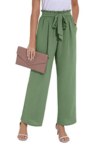 Image of PrinStory Trousers Women Wide Leg Work Trousers Women Lightweight Causal Elastic Waist Ladies Trousers with Pockets Floral Print (Grass Green, S)